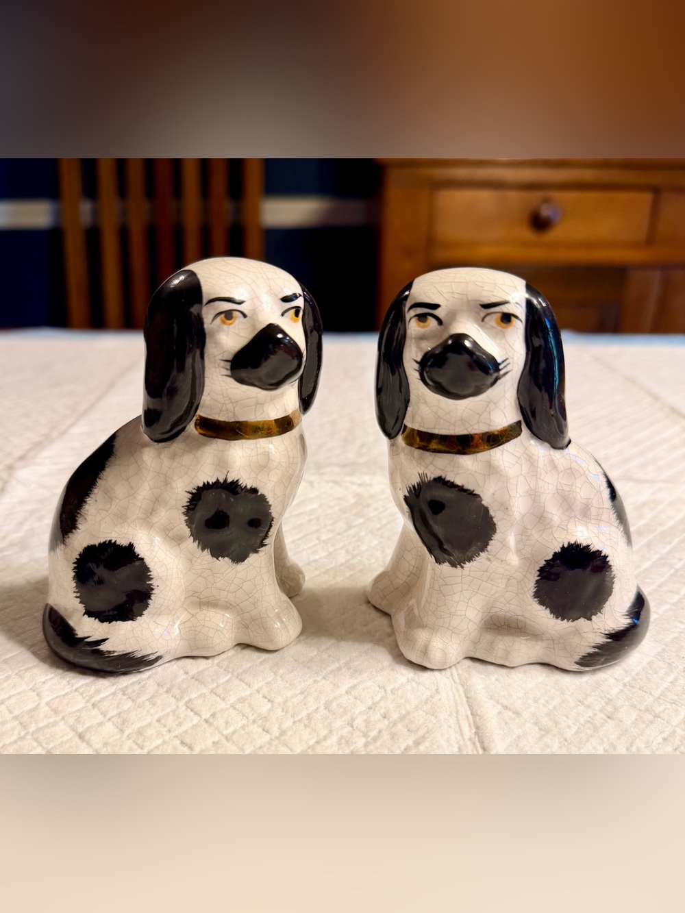 Antique miniature white and black Staffordshire spaniels